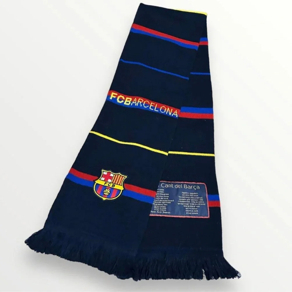 FC Barcelona El Cant del Barca Hat Cap and Navy Striped Fringe Knit Scarf Set